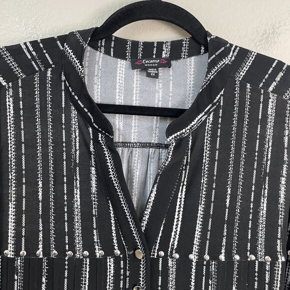 Cocomo Woman Plus 2X Black White Striped Tunic Blouse Stretch Roll Tab Sleeve - Picture 7 of 10